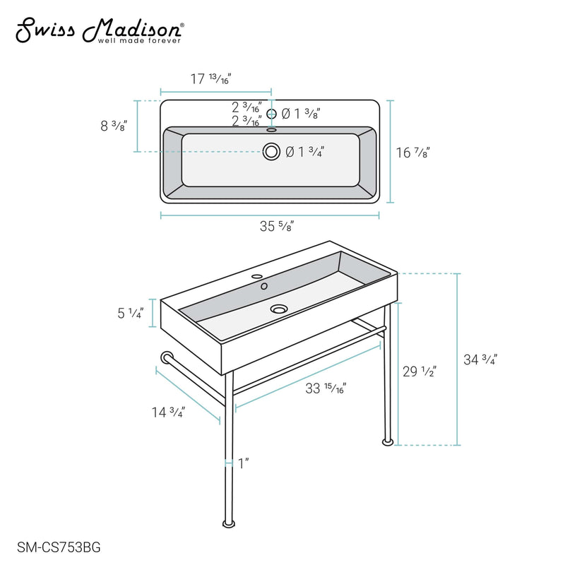 Swiss Madison Carre 36 Ceramic Console Sink Matte Black Basin Brushed Gold Legs - SM-CS753BG - Backyard Provider