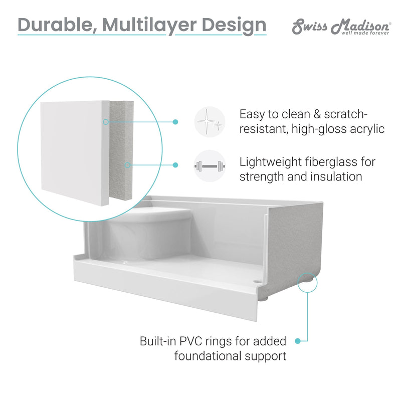 Swiss Madison Aquatique 60" x 32" Left Drain, Shower Base - SM-SB537W - Backyard Provider