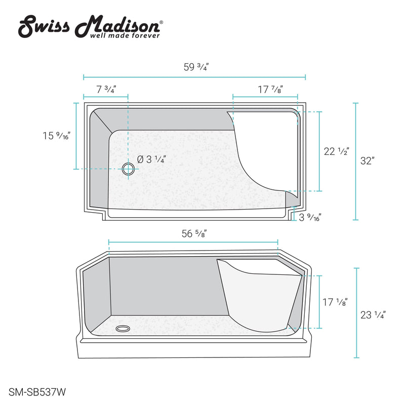 Swiss Madison Aquatique 60" x 32" Left Drain, Shower Base - SM-SB537W - Backyard Provider