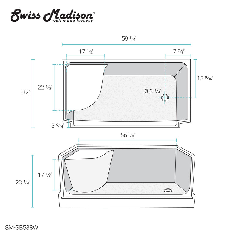 Swiss Madison Aquatique 60" x 32" Right Drain, Shower Base - SM-SB538W - Backyard Provider