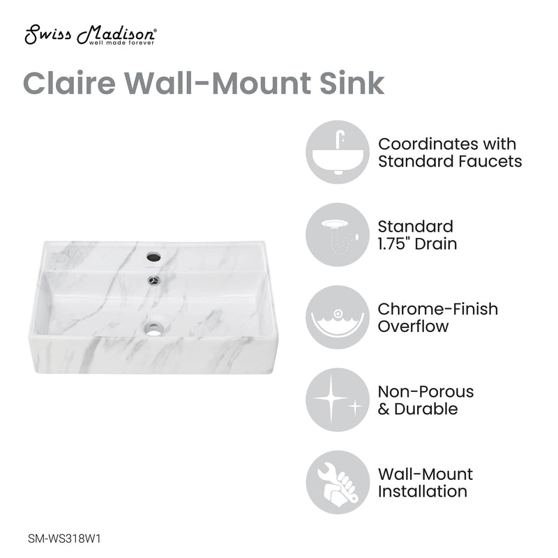 Swiss Madison Claire 22” Rectangle Wall-Mount Bathroom Sink in White Marble - SM-WS318W1 - Backyard Provider