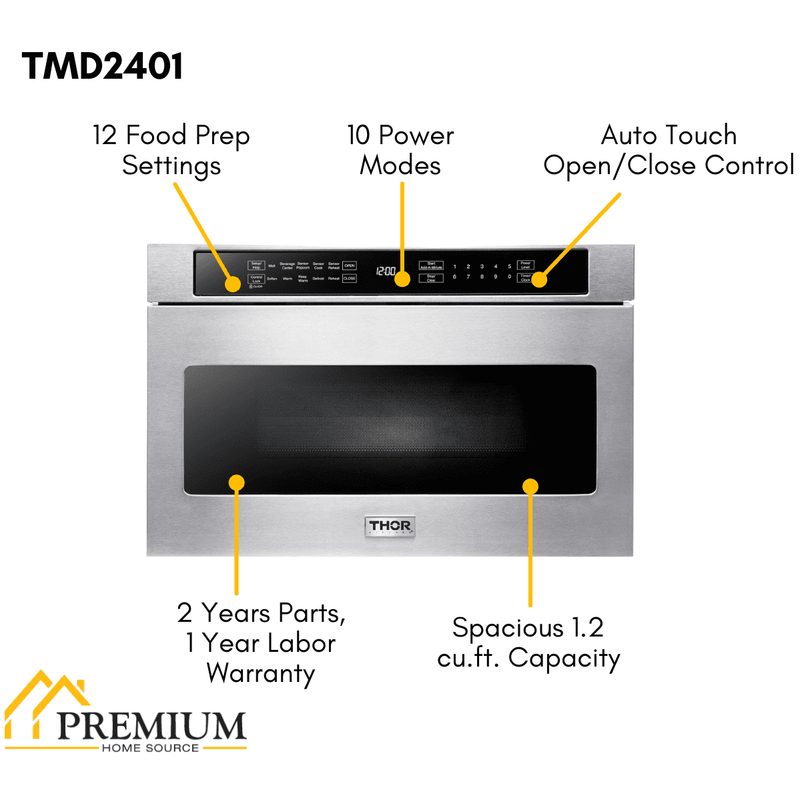 Thor Kitchen Appliance Package - 36 in. Natural Gas Range, Range Hood, Microwave Drawer, Refrigerator, Dishwasher, Wine Cooler, AP-LRG3601U-8