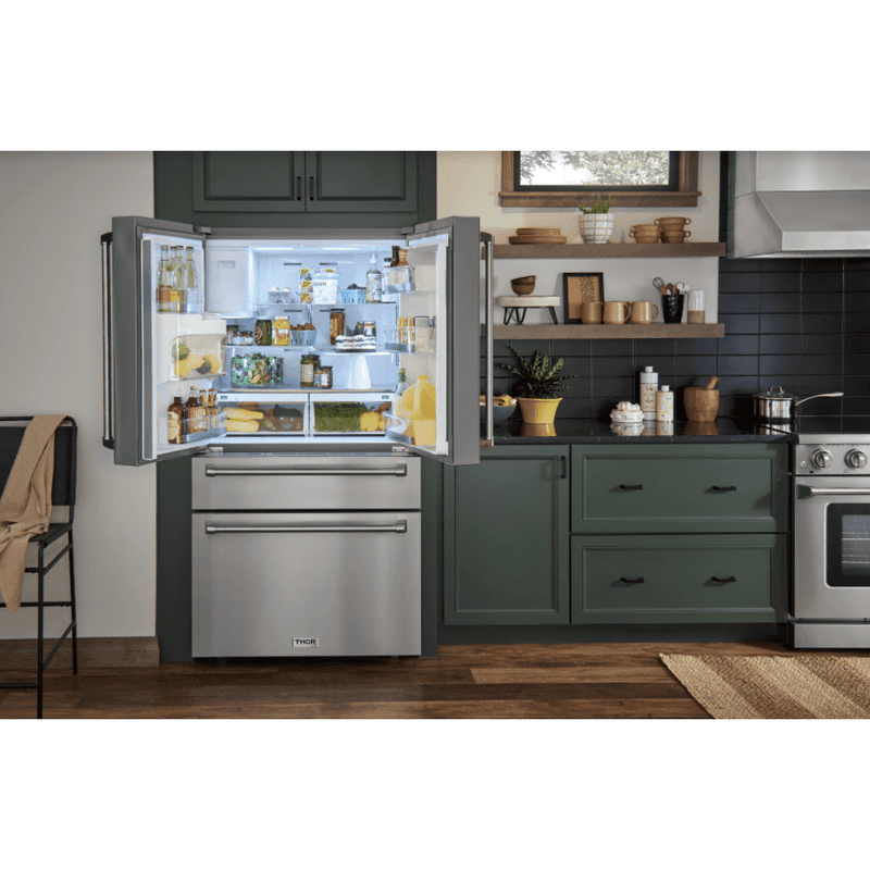 Thor Kitchen Appliance Package - 30 In. Gas Range, Range Hood, Microwave Drawer, Refrigerator with Water and Ice Dispenser, Dishwasher, Wine Cooler, AP-TRG3001-14