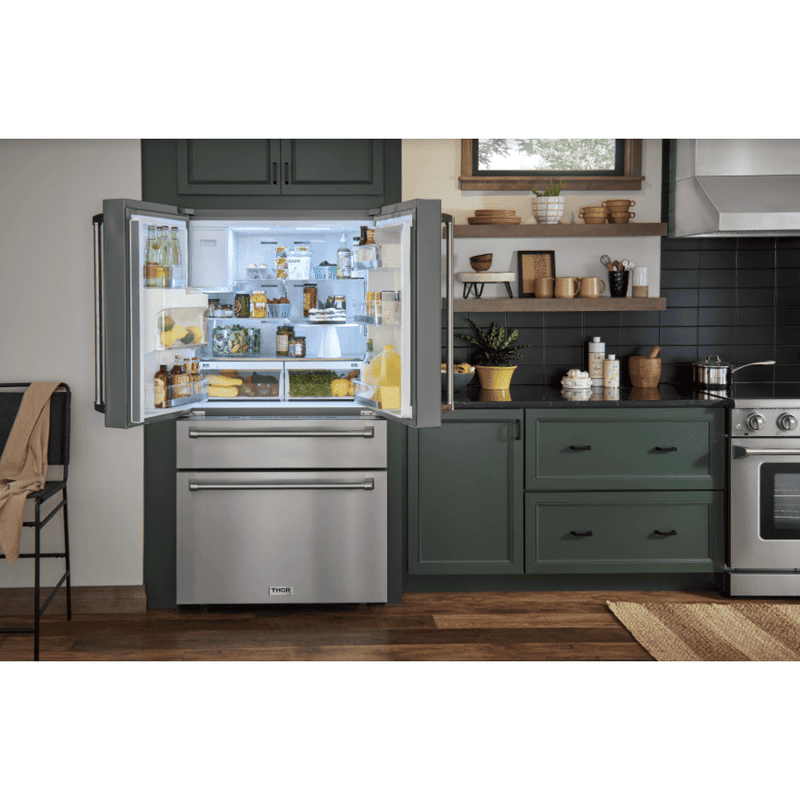 Thor Kitchen Appliance Package - 36 In. Gas Range, Range Hood, Microwave Drawer, Refrigerator with Water and Ice Dispenser, Dishwasher, Wine Cooler, AP-TRG3601-C-10