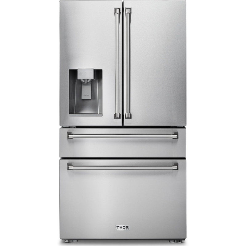 Thor Kitchen Appliance Package - 36 In. Gas Range, Range Hood, Refrigerator with Water and Ice Dispenser, Dishwasher, AP-TRG3601-W-7