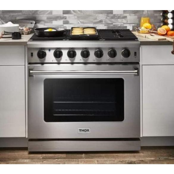 Thor Kitchen Appliance Package - 36 in. Gas Range, Range Hood, Refrigerator with Water and Ice Dispenser, Dishwasher, AP-LRG3601U-10