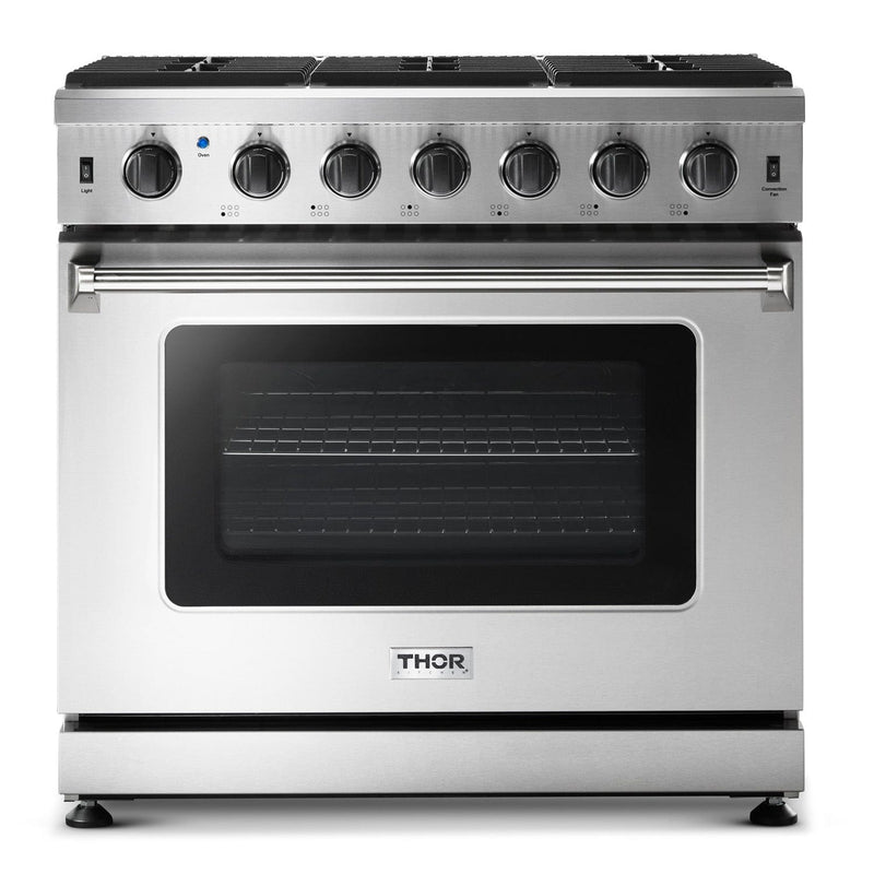 Thor Kitchen Appliance Package - 36 in. Natural Gas Range, Range Hood, Microwave Drawer, Refrigerator with Fridge and Ice Maker, Dishwasher, Wine Cooler, AP-LRG3601U-14