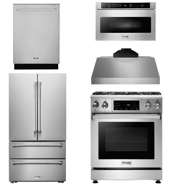 Thor Kitchen Appliance Package - 30 In. Gas Range, Range Hood, Microwave Drawer, Refrigerator, Dishwasher, AP-TRG3001-C-5