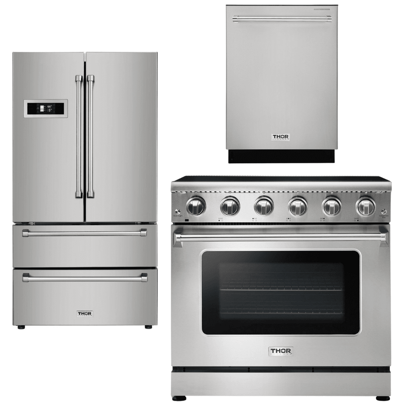 Thor Kitchen Appliance Package - 36 in. Electric Range, Refrigerator, Dishwasher, AP-HRE3601-2