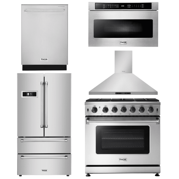 Thor Kitchen Appliance Package - 36 in. Natural Gas Range, Range Hood, Microwave Drawer, Refrigerator, Dishwasher, AP-LRG3601U-7