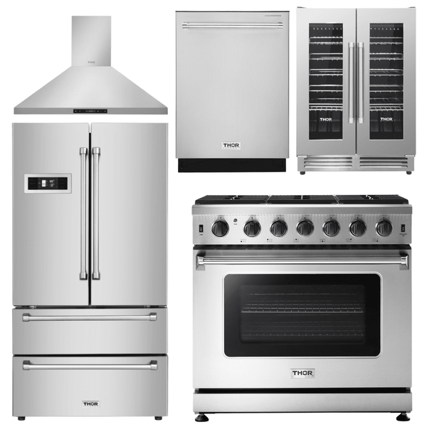 Thor Kitchen Appliance Package - 36 in. Natural Gas Range, Range Hood, Refrigerator, Dishwasher, Wine Cooler, AP-LRG3601U-4