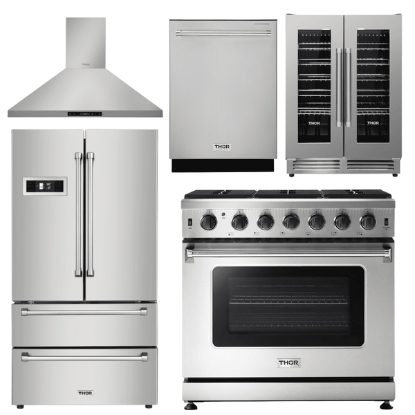 Thor Kitchen Appliance Package - 36 in. Propane Gas Range, Range Hood, Refrigerator, Dishwasher, Wine Cooler, AP-LRG3601ULP-4