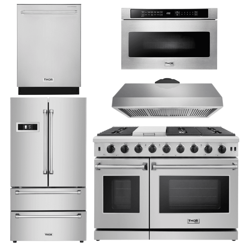 Thor Kitchen Appliance Package - 48 in. Gas Range, Range Hood, Dishwasher, Refrigerator, Microwave Drawer, AP-LRG4807U-7