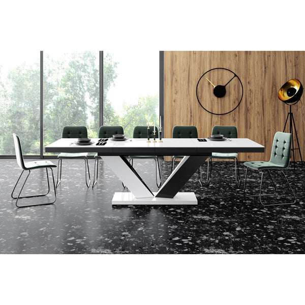 Maxima House Dining Set AVIVA II 7 pcs. white/ black modern glossy Dining Table with 2 self-starting leaves plus 6 chairs - HU0052K-321GR - Backyard Provider