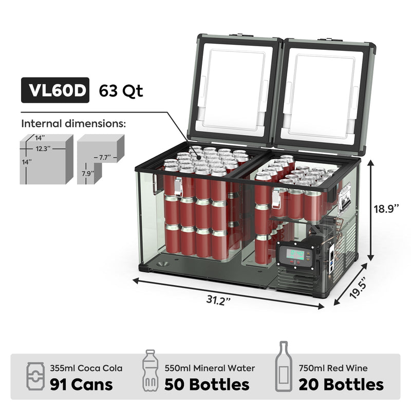 63.4QT VL60 Dual Zone Metal Fridge Freezer with Slide Mount | ICECO