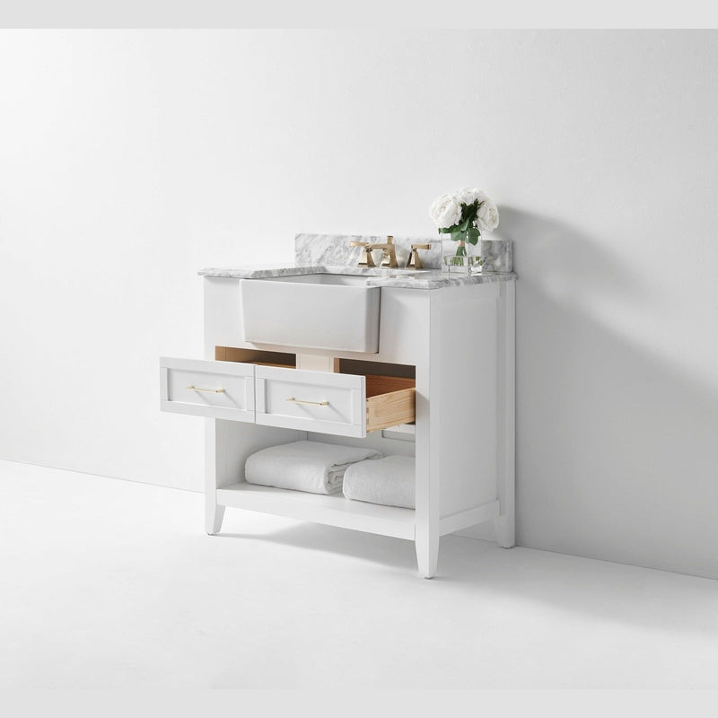 Ancerre Hayley Bathroom Vanity with Sink and Carrara White Marble Top Cabinet Set - VTS-HAYLEY-36-W-CW - Backyard Provider