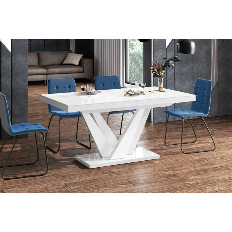 Maxima House Dining Set CHARA 7 pcs. white modern glossy Dining Table with 2 self-starting leaves plus 6 chairs - HU0085K-321B - Backyard Provider