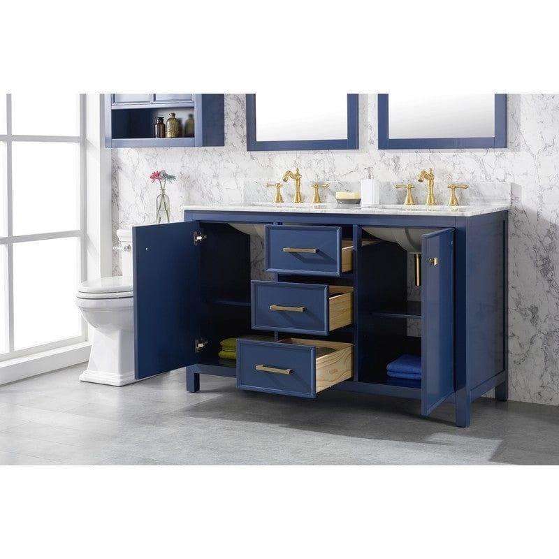 Legion Furniture WLF2154-B 54 Inch Blue Finish Double Sink Vanity Cabinet with Carrara White Top - Backyard Provider