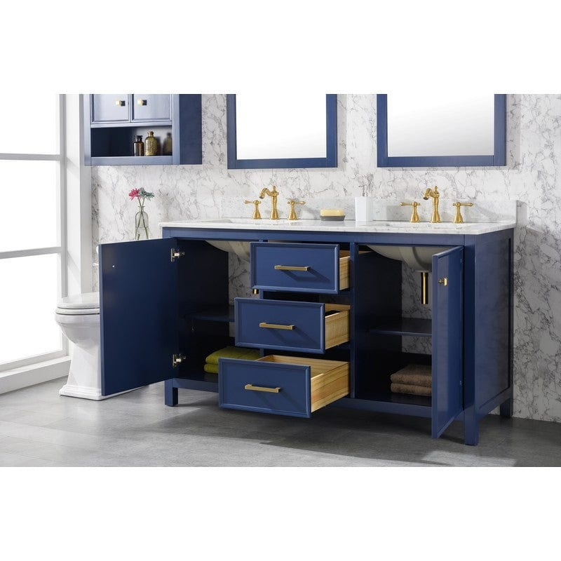 Legion Furniture WLF2160D-B 60 Inch Blue Finish Double Sink Vanity Cabinet with Carrara White Top - Backyard Provider