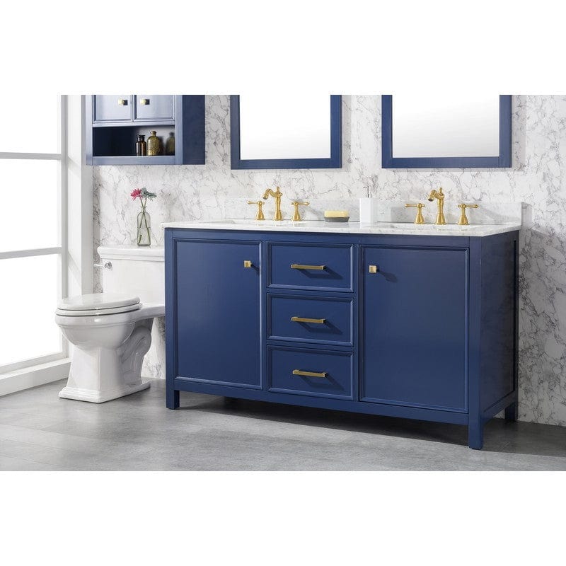 Legion Furniture WLF2160D-B 60 Inch Blue Finish Double Sink Vanity Cabinet with Carrara White Top - Backyard Provider