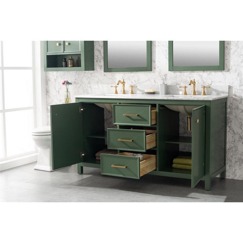 Legion Furniture WLF2160D-VG 60 Inch Vogue Green Finish Double Sink Vanity Cabinet with Carrara White Top - Backyard Provider