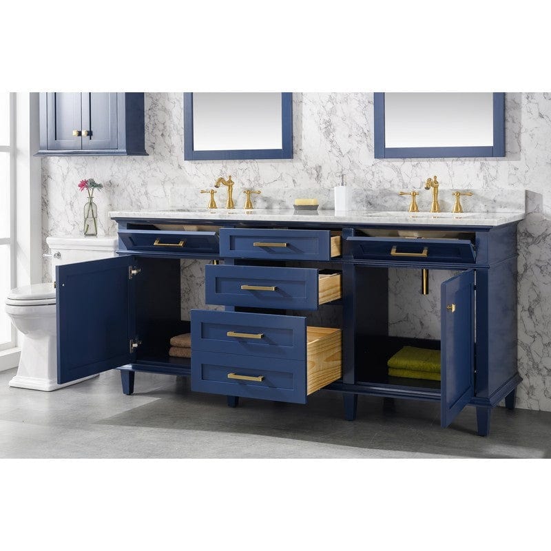 Legion Furniture WLF2272-B 72 Inch Blue Double Single Sink Vanity Cabinet with Carrara White Top - Backyard Provider