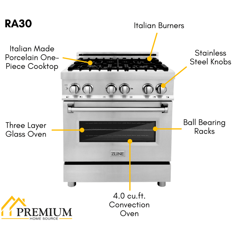 ZLINE Appliance Package - 30 in. Dual Fuel Range, 30 in. Range Hood, Microwave Drawer, Dishwasher, 4KP-RARH30-MWDW