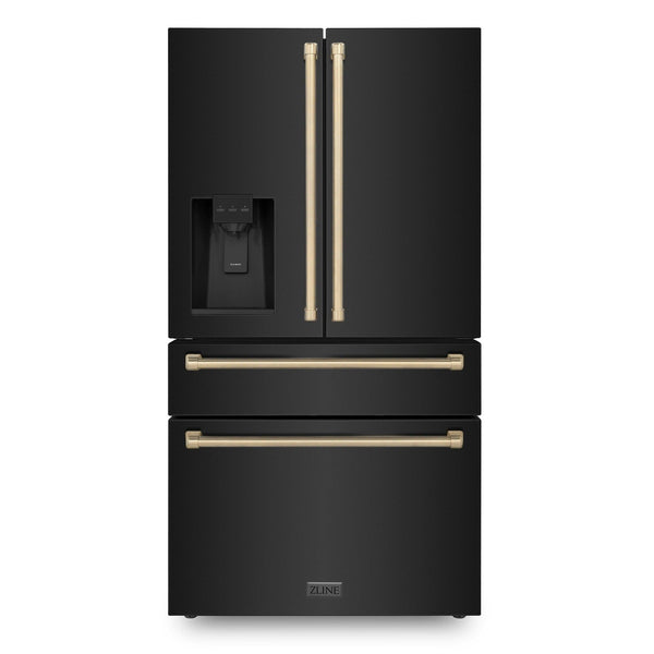 ZLINE 36 In. Autograph Refrigerator with Water and Ice Dispenser in Black with Champagne Bronze Handles, RFMZ-W-36-BS-CB