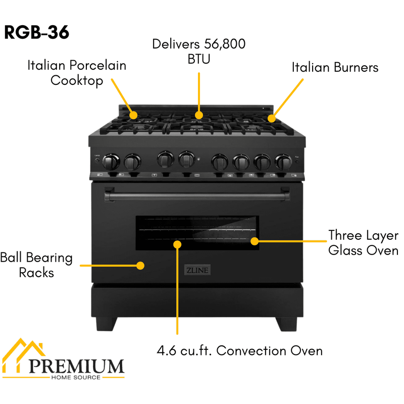 ZLINE Appliance Package 36 in. Gas Range, 36 in. Range Hood - Black Stainless, 2KP-RGBRH36