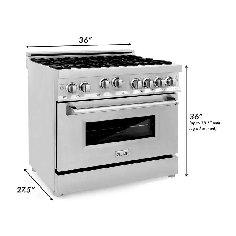 ZLINE 36 Inch Professional Gas Burner and Gas Oven Range in Stainless Steel, RG36