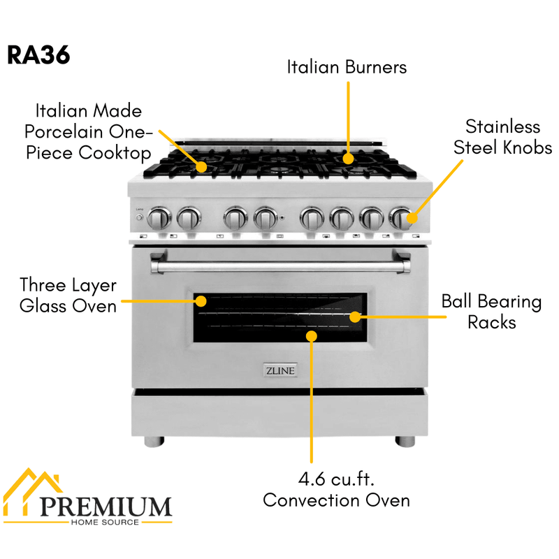 ZLINE Appliance Package - 36 in. Dual Fuel Range, 36 in. Range Hood, 2KP-RARH36