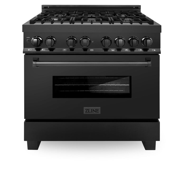 ZLINE Appliance Package - 36 in. Dual Fuel Range, Range Hood, Microwave, Dishwasher in Black Stainless Steel, 4KP-RABRBRH36-MWDW