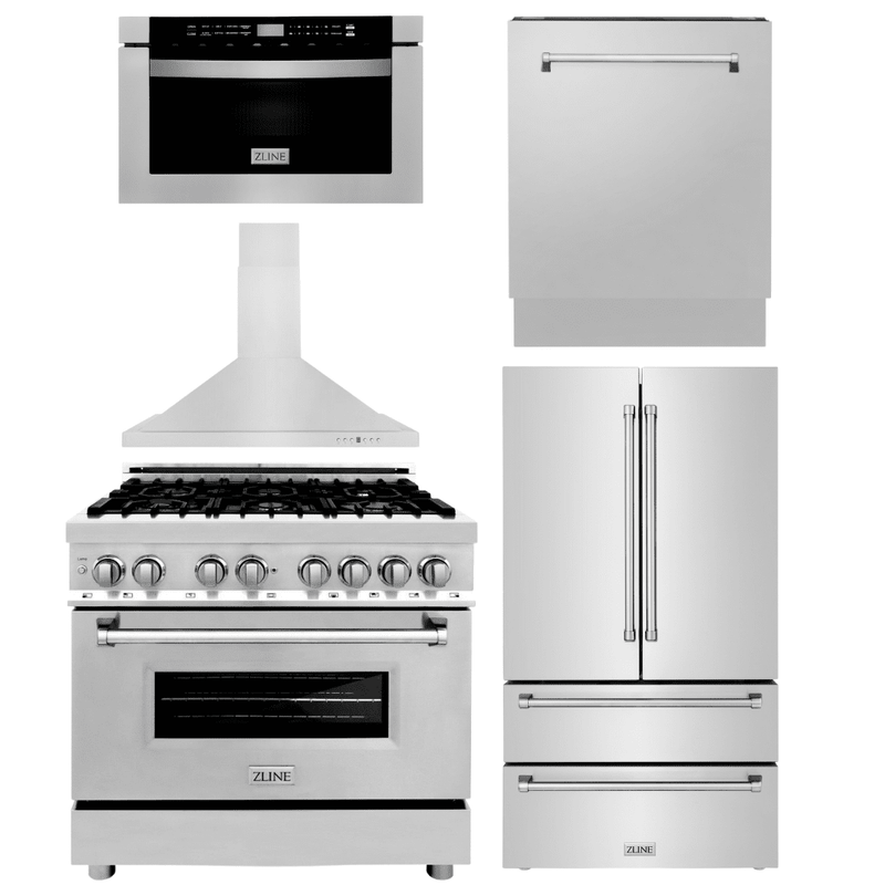 ZLINE Kitchen and Bath 36" Range, Range Hood, Microwave, Dishwasher & Refrigerator Appliance Package, 5KPR-RARH36-MWDWV