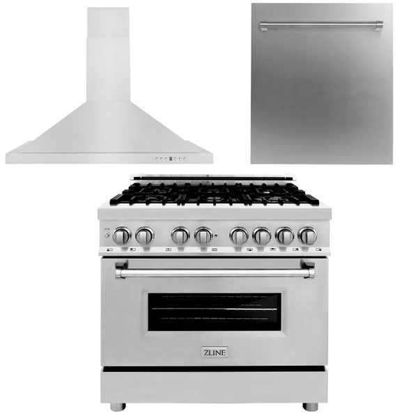 ZLINE Appliance Package - 36 in. Dual Fuel Range, Range Hood, Dishwasher, 3KP-RARH36-DW