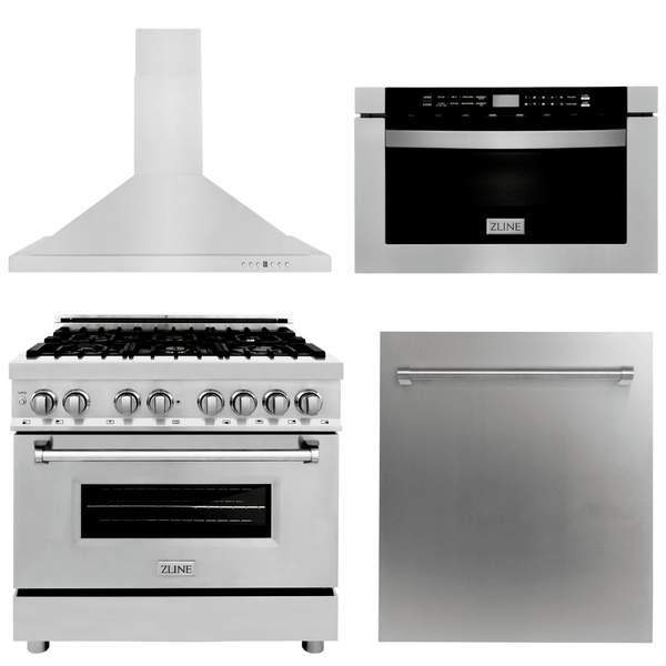 ZLINE Appliance Package - 36 in. Dual Fuel Range, Range Hood, Microwave Drawer, Dishwasher, 4KP-RARH36-MWDW