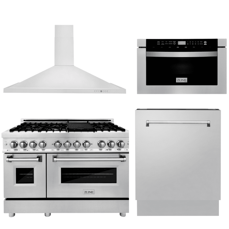 ZLINE Appliance Package - 48 In. Dual Fuel Range, Range Hood, Microwave Drawer, 3 Rack Dishwasher, 4KP-RARH48-MWDWV