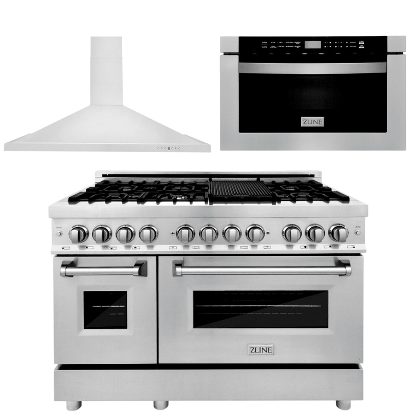 ZLINE Appliance Package - 48 in. Dual Fuel Range, Range Hood, Microwave Drawer, 3KP-RARH48-MW