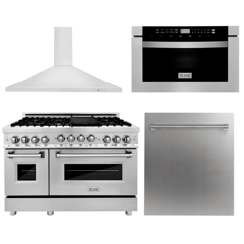 ZLINE 48 in. Appliance Package Dual Fuel Range, Range Hood, Microwave Drawer, Dishwasher, 4KP-RARH48-MWDW