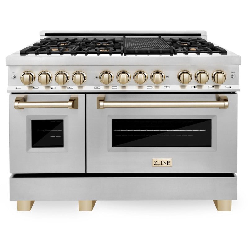 ZLINE Autograph 48 in. Gas Burner/Electric Oven in Stainless Steel with Gold Accents, RAZ-48-G