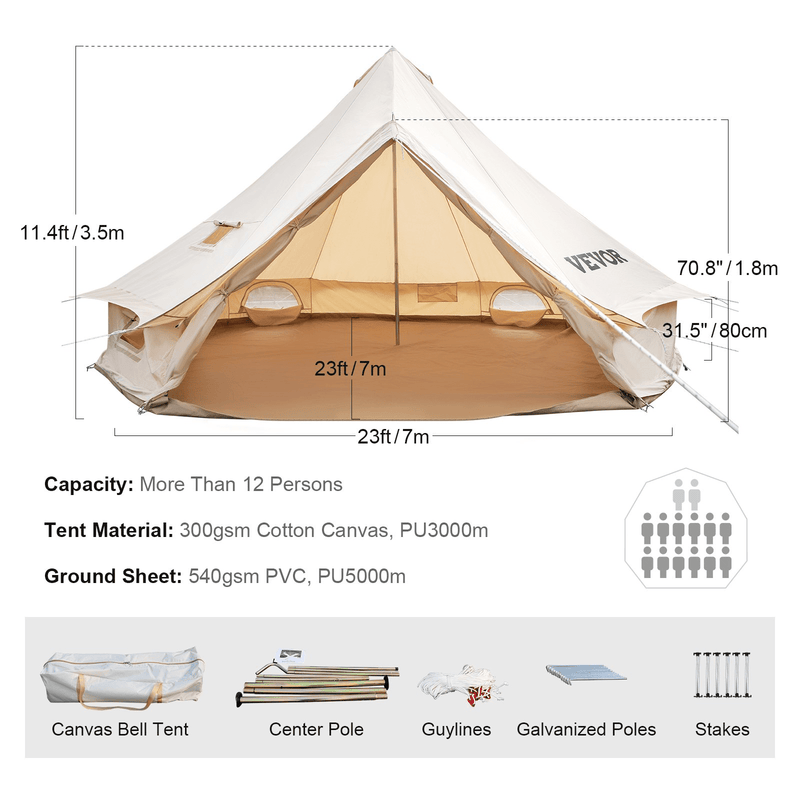 Vevor Bell Tent 23 ft/7m Yurt Cotton Canvas Waterproof With Stove Jack For 12 Or More People 4 Seasons - Backyard Provider