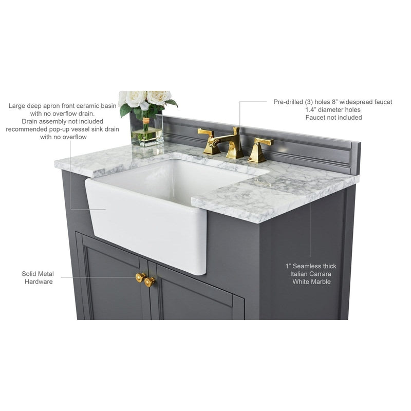 Ancerre Adeline Bathroom Vanity with Farmhouse Sink and Carrara White Marble Top Cabinet Set - VTS-ADELINE-36-W-CW-GD - Backyard Provider