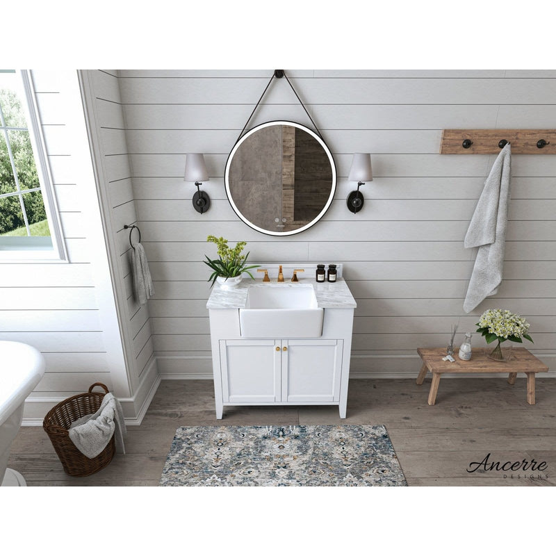 Ancerre Adeline Bathroom Vanity with Farmhouse Sink and Carrara White Marble Top Cabinet Set - VTS-ADELINE-36-W-CW-GD - Backyard Provider