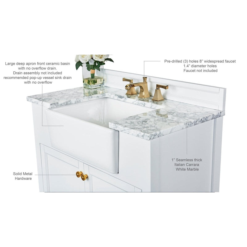 Ancerre Adeline Bathroom Vanity with Farmhouse Sink and Carrara White Marble Top Cabinet Set - VTS-ADELINE-36-W-CW-GD - Backyard Provider