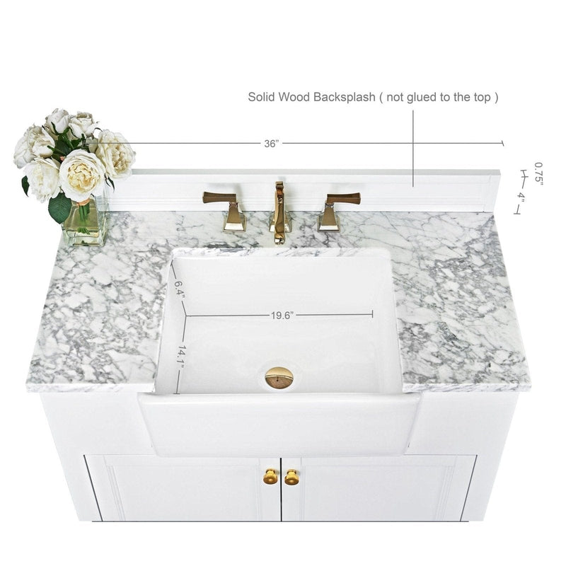 Ancerre Adeline Bathroom Vanity with Farmhouse Sink and Carrara White Marble Top Cabinet Set - VTS-ADELINE-36-W-CW-GD - Backyard Provider