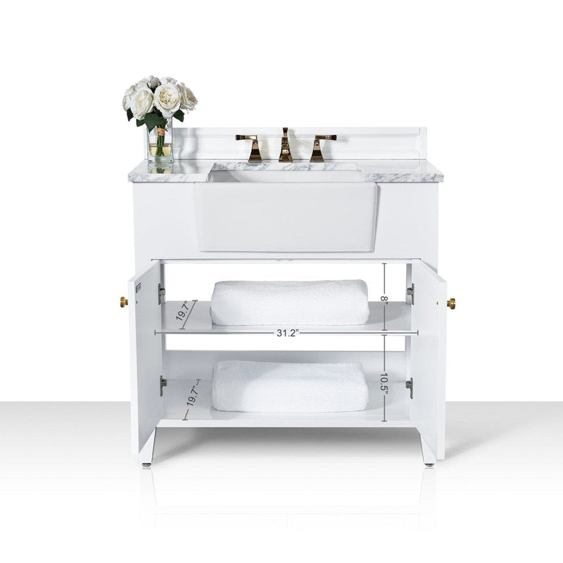 Ancerre Adeline Bathroom Vanity with Farmhouse Sink and Carrara White Marble Top Cabinet Set - VTS-ADELINE-36-W-CW-GD - Backyard Provider