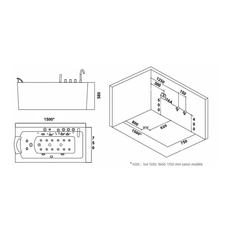 Sauna Hammam - HAMILTON 160 WHIRLPOOL BATH 1 SEATER ZELAND® 160X75 - RIGHT - MK51562071