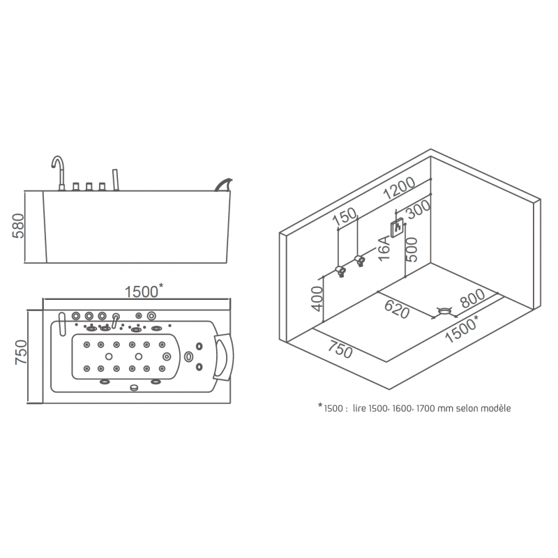 Sauna Hammam - HAMILTON 160 WHIRLPOOL BATH 1 SEATER ZELAND® 160X75 - LEFT - MK51562072