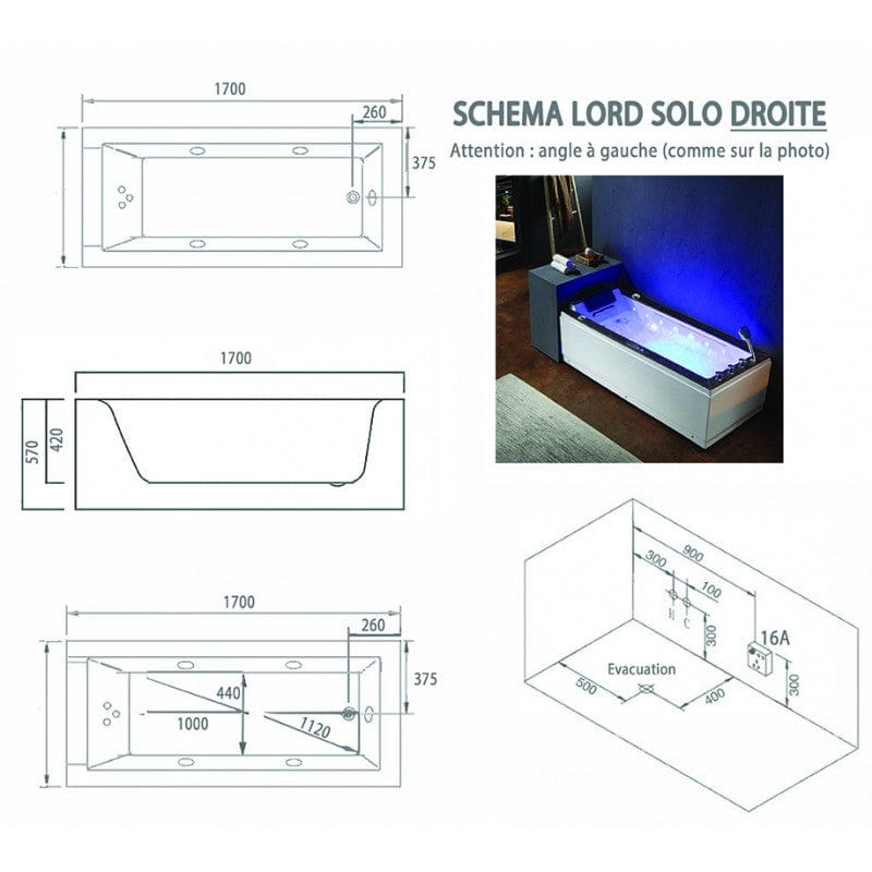 Sauna Hammam - ARCHIPEL® 170X75 LORD SOLO WHITE 1-PERSON WHIRLPOOL BATHTUB - RIGHT - PREORDER May 2023