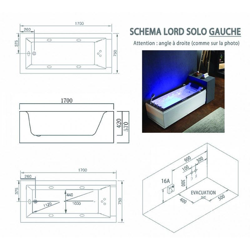 Sauna Hammam - ARCHIPEL® LORD SOLO WHITE 1-SEATER WHIRLPOOL BATHTUB 170X75 - LEFT - PREORDER