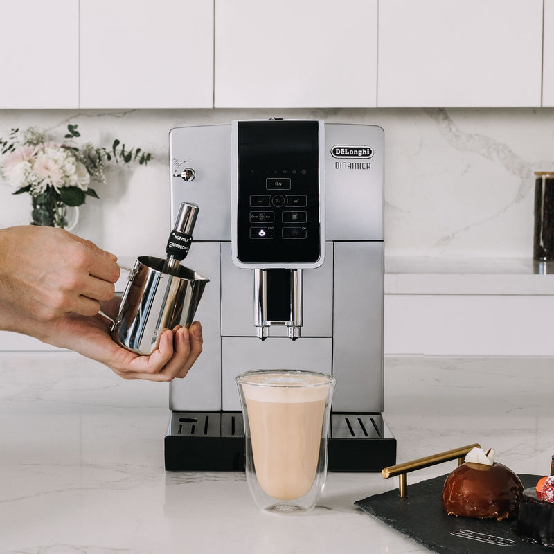 De'Longhi Dinamica Fully Automatic Coffee and Espresso Machine with Premium Manual Milk Frother in Silver ECAM35025SB